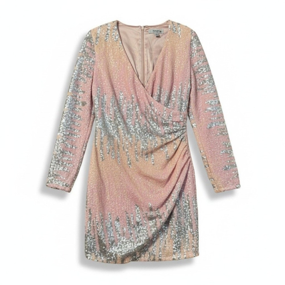 Ever New Melbourne Pink Silver Sequin Wrap Mini Dress Long Sleeve Size 8‎ US